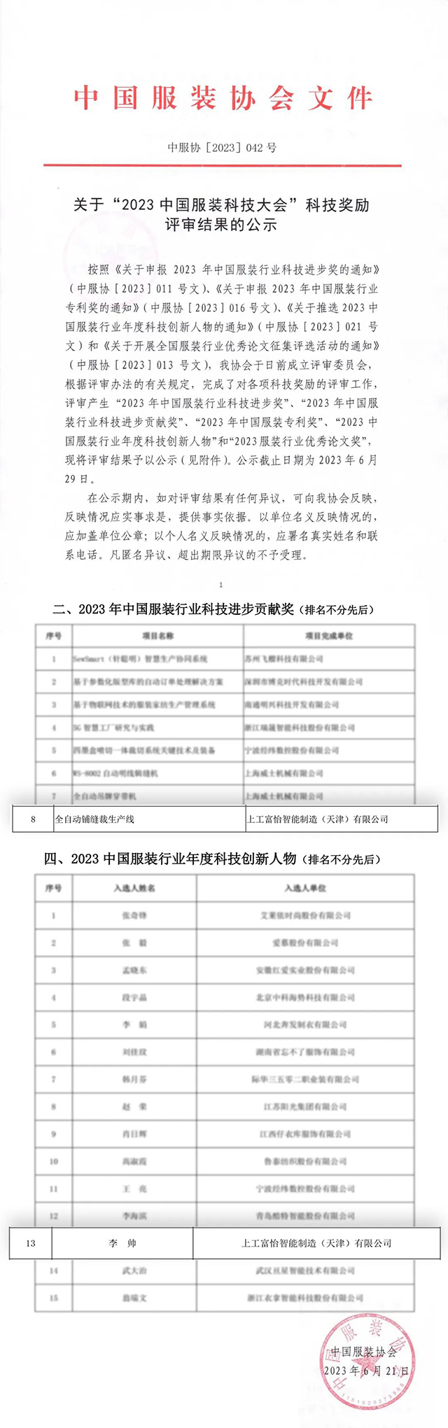 2023年中國服裝行業(yè)科技進(jìn)步貢獻(xiàn)獎